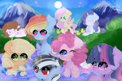 Size: 600x400 | Tagged: safe, artist:magicangelstarartist, applejack, fluttershy, pinkie pie, rainbow dash, rarity, twilight sparkle, oc, earth pony, pegasus, pony, unicorn, g4, female, mare, moon, mountain, mountain range, one eye closed, sleeping, wink