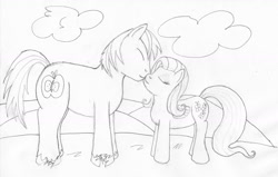 Size: 1393x887 | Tagged: safe, artist:jimthecactus, big macintosh, fluttershy, earth pony, pegasus, pony, g4, boop, eyes closed, female, grayscale, height difference, male, mare, monochrome, noseboop, pencil drawing, ship:fluttermac, shipping, stallion, straight, traditional art