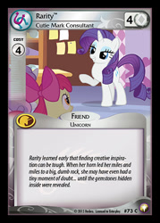 Size: 344x480 | Tagged: safe, enterplay, apple bloom, rarity, equestrian odysseys, g4, my little pony collectible card game, the cutie mark chronicles, ccg, lidded eyes, merchandise