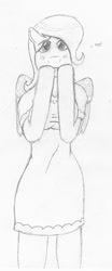 Size: 550x1326 | Tagged: safe, artist:jimthecactus, fluttershy, pegasus, anthro, g4, arm hooves, blushing, breasts, busty fluttershy, cleavage, clothes, dress, eep, grayscale, looking at you, monochrome, pencil drawing, solo, traditional art