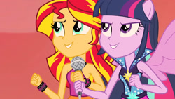 Size: 1920x1080 | Tagged: safe, screencap, sunset shimmer, twilight sparkle, human, equestria girls, g4, my little pony equestria girls: rainbow rocks, bare shoulders, clothes, female, sleeveless, solo