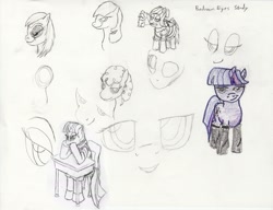 Size: 1781x1368 | Tagged: safe, artist:jimthecactus, twilight sparkle, pony, unicorn, g4, bedroom eyes, bust, clothes, desk, duster, grayscale, looking at you, maid, monochrome, partial color, pencil drawing, sketch, sketch dump, traditional art, unicorn twilight