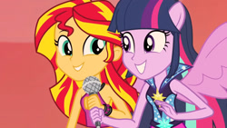 Size: 1920x1080 | Tagged: safe, screencap, sunset shimmer, twilight sparkle, human, equestria girls, g4, my little pony equestria girls: rainbow rocks, bare shoulders, clothes, female, sleeveless, solo