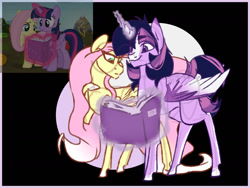 Size: 1280x960 | Tagged: safe, artist:sallybatbridge, fluttershy, twilight sparkle, alicorn, pony, g4, reading, scene interpretation, twilight sparkle (alicorn)