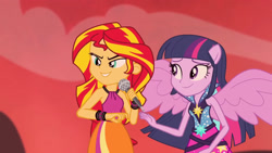 Size: 1920x1080 | Tagged: safe, screencap, sunset shimmer, twilight sparkle, human, equestria girls, g4, my little pony equestria girls: rainbow rocks, bare shoulders, clothes, female, sleeveless, solo