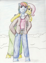 Size: 1266x1736 | Tagged: safe, artist:jimthecactus, fluttershy, rainbow dash, pegasus, anthro, g4, arm hooves, clothes, colored pencil drawing, dress, duo, female, height difference, hiding, hoof on hip, jacket, lesbian, looking at you, mare, ship:flutterdash, shipping, snow, tallershy, traditional art