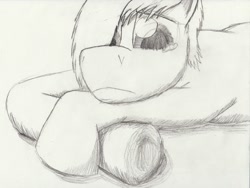 Size: 1620x1219 | Tagged: safe, artist:jimthecactus, oc, oc only, earth pony, pony, crossed hooves, frown, grayscale, hair over one eye, lying down, monochrome, pencil drawing, prone, solo, teary eyes, traditional art