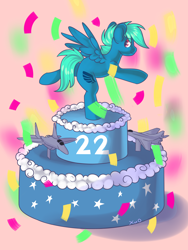 Size: 3000x3999 | Tagged: safe, artist:xwosya, oc, oc:supermoix, pegasus, pony, birthday, birthday cake, cake, cloud, confetti, food, high res, party, plane, sky, smiling, solo, standing, standing on one leg, stars, wings