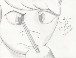 Size: 1778x1362 | Tagged: safe, artist:jimthecactus, oc, oc only, earth pony, pony, close-up, grayscale, hoof hold, looking at something, magnetic hooves, monochrome, pencil, pencil drawing, solo, traditional art