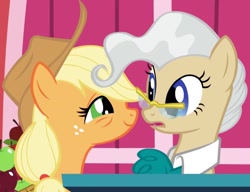 Size: 795x610 | Tagged: safe, screencap, applejack, mayor mare, earth pony, pony, applebuck season, g4, season 1, apple, bags under eyes, basket, cropped, duo, duo female, eye contact, female, food, glasses, lidded eyes, looking at each other, looking at someone, mare, out of context, podium, smiling, tired, up all night