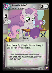 Size: 344x480 | Tagged: safe, enterplay, sweetie belle, equestrian odysseys, g4, my little pony collectible card game, the show stoppers, ccg, fabric, knitting, merchandise, sewing machine, solo