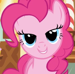 Size: 727x714 | Tagged: safe, screencap, pinkie pie, earth pony, pony, applebuck season, g4, season 1, cropped, female, grin, lidded eyes, looking at you, mare, out of context, smiling, solo, sugarcube corner