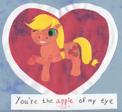 Size: 1357x1242 | Tagged: safe, artist:jimthecactus, applejack, earth pony, pony, g4, female, grin, hatless, holiday, mare, missing accessory, one eye closed, pun, smiling, solo, traditional art, valentine, valentine's day, wink