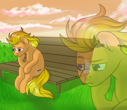 Size: 3000x2600 | Tagged: safe, artist:xwosya, oc, oc:guten russ, earth pony, pony, bench, family guy, high res, male, meme, peter griffin, sitting, thinking