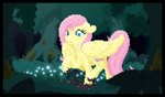Size: 1344x792 | Tagged: safe, artist:parallel black, fluttershy, pegasus, pony, g4, digital art, everfree forest, female, flower, forest, mare, muddy hooves, pixel art, solo, tree