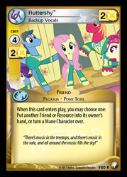 Size: 344x480 | Tagged: safe, enterplay, big macintosh, fluttershy, rarity, toe-tapper, torch song, earth pony, pegasus, pony, unicorn, equestrian odysseys, filli vanilli, g4, my little pony collectible card game, ccg, female, male, mare, merchandise, pointing, ponytones outfit, singing, stage, stallion, the ponytones