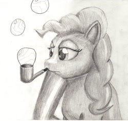 Size: 1439x1362 | Tagged: safe, artist:jimthecactus, pinkie pie, earth pony, pony, g4, bubble pipe, female, grayscale, hoof on chin, lidded eyes, mare, monochrome, mouth hold, pipe, solo, traditional art