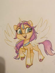 Size: 1536x2048 | Tagged: safe, artist:swirlmlp69768, sunny starscout, alicorn, pony, g5, artificial horn, artificial wings, augmented, colored pencil drawing, female, horn, magic, magic horn, magic wings, mane stripe sunny, mare, race swap, solo, sunnycorn, traditional art, unshorn fetlocks, wings