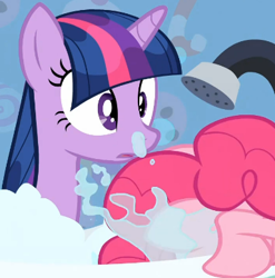 Size: 385x390 | Tagged: safe, screencap, pinkie pie, twilight sparkle, earth pony, pony, unicorn, feeling pinkie keen, g4, season 1, bath, bathtub, cropped, female, mare, out of context, unicorn twilight