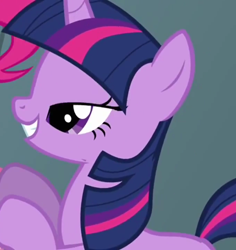 Size: 680x720 | Tagged: safe, screencap, pinkie pie, twilight sparkle, earth pony, pony, unicorn, feeling pinkie keen, g4, season 1, female, lidded eyes, mare, offscreen character, out of context, smiling, solo focus, unicorn twilight