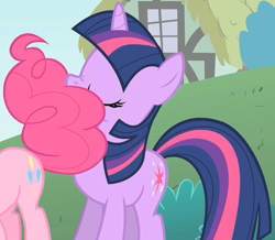 Size: 740x646 | Tagged: safe, screencap, pinkie pie, twilight sparkle, earth pony, pony, unicorn, feeling pinkie keen, g4, season 1, cropped, eyes closed, hat, nose wrinkle, offscreen character, out of context, solo focus, tail, tail on face, umbrella hat, unicorn twilight