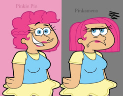 Size: 1134x878 | Tagged: safe, artist:cookie-lovey, pinkie pie, human, g4, 2012, angry, annoyed, breasts, busty pinkie pie, butch hartman style, clothes, dress, frown, gray background, grin, happy, humanized, looking at you, looking away, name, pink background, pinkamena diane pie, simple background, smiling, smiling at you, solo, style emulation, text, the fairly oddparents