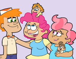 Size: 1134x878 | Tagged: safe, artist:cookie-lovey, carrot cake, cup cake, pinkie pie, pound cake, pumpkin cake, human, g4, 2012, baby, biting, bowtie, breasts, busty pinkie pie, butch hartman style, cap, chewing, clothes, dress, ear piercing, earring, eating, family, female, hair bite, hat, head carry, humanized, jewelry, male, on head, open mouth, open smile, piercing, purple background, ship:carrot cup, shipping, simple background, smiling, straight, style emulation, teeth, the cakes, the fairly oddparents