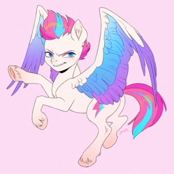 Size: 1194x1200 | Tagged: dead source, safe, artist:jzbthx, zipp storm, pegasus, pony, g5, colored wings, eyebrows, female, gradient background, grin, looking at you, mare, multicolored wings, signature, smiling, smiling at you, solo, spread wings, tail, two toned mane, two toned tail, wings