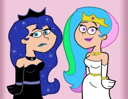 Size: 1134x878 | Tagged: safe, artist:cookie-lovey, princess celestia, princess luna, human, g4, 2012, bracelet, breasts, busty princess celestia, busty princess luna, butch hartman style, clothes, dress, duo, duo female, ear piercing, earring, evening gloves, female, frown, gloves, humanized, jewelry, lipstick, long gloves, looking at you, necklace, piercing, pink background, royal sisters, siblings, simple background, sisters, smiling, smiling at you, style emulation, the fairly oddparents