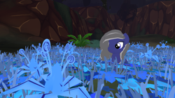 Size: 1920x1080 | Tagged: safe, artist:moon flower, screencap, oc, oc only, oc:moon flower, pony, legends of equestria, 16:9, 2018, ambiguous gender, blue body, blue eyes, blue fur, digital art, equine, evershade forest (legends of equestria), evershade forest: moonlight (legends of equestria), flower, funny, fur, grass, grey hair, hair, hill, hooves, joke, logo, lying down, mammal, meadow, night, outdoors, plant, poison joke (mlp), rock, sitting, sky, solo, solo ambiguous, starry night, stars, three-quarter view, tree, video game, wallpaper