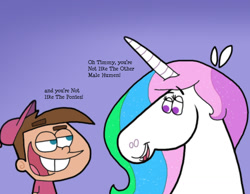 Size: 1134x878 | Tagged: safe, artist:cookie-lovey, princess celestia, alicorn, human, pony, g4, 2012, blue background, bucktooth, crossover, dialogue, duo, duo male and female, female, lidded eyes, looking at each other, looking at someone, male, mare, open mouth, open smile, simple background, smiling, style emulation, the fairly oddparents, timmy turner