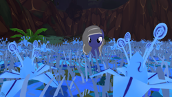 Size: 1920x1080 | Tagged: safe, artist:moon flower, screencap, oc, oc only, oc:moon flower, pony, legends of equestria, 16:9, 2018, ambiguous gender, blue body, blue eyes, blue fur, digital art, equine, evershade forest (legends of equestria), evershade forest: moonlight (legends of equestria), flower, front view, fur, grass, grey hair, hair, hill, hooves, logo, lying down, mammal, meadow, night, outdoors, plant, poison joke (mlp), rock, sitting, sky, solo, solo ambiguous, starry night, stars, three-quarter view, tree, video game, wallpaper
