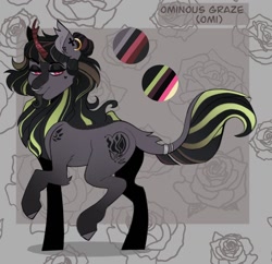 Size: 1460x1414 | Tagged: safe, artist:dejji_vuu, oc, oc only, oc:ominous graze, kirin, pony, ear piercing, earring, jewelry, nose piercing, nose ring, piercing, reference sheet, solo, tongue out