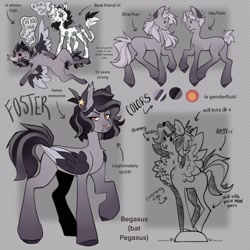 Size: 2048x2048 | Tagged: safe, artist:dejji_vuu, oc, oc only, oc:foster, bat pony, bat pony pegasus, hybrid, pegasus, pony, angy, colored wings, genderfluid, high, high res, nose piercing, nose ring, piercing, reference sheet, solo, two toned wings, wings