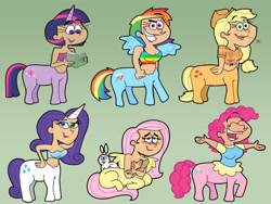 Size: 2272x1704 | Tagged: safe, artist:cookie-lovey, angel bunny, applejack, fluttershy, pinkie pie, rainbow dash, rarity, twilight sparkle, centaur, rabbit, g4, 2012, animal, belly button, blushing, book, breasts, centaur pie, centaur twilight, centaurdash, centaurified, centaurity, centaurjack, centaurshy, cleavage, cowboy hat, eyes closed, female, green background, hat, looking at you, mane six, midriff, missing cutie mark, open arms, open mouth, open smile, reading, simple background, smiling, smiling at you, species swap, straw in mouth, style emulation, the fairly oddparents