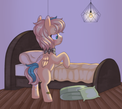 Size: 1000x900 | Tagged: safe, artist:veincchi, oc, oc only, oc:sun light, pegasus, pony, bandana, bed, bedroom, blushing, coat markings, female, filly, foal, mare, pillow, solo
