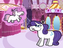 Size: 1134x878 | Tagged: safe, artist:cookie-lovey, rarity, sweetie belle, pony, unicorn, g4, 2012, annoyed, carousel boutique, cute, diasweetes, duo, duo female, eyes closed, female, filly, foal, frown, glowing, glowing horn, happy, horn, levitation, magic, mare, open mouth, open smile, self-levitation, siblings, sisters, smiling, style emulation, telekinesis, the fairly oddparents