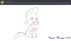 Size: 1024x600 | Tagged: safe, artist:moon flower, editor:pony-berserker, spike, oc, oc:berzie, changedling, changeling, dragon, anthro, g4, 1000 hours in ms paint, 2018, arthropod, bust, claws, clothes, dialogue, digital art, duo, english, equine, fangs, green eyes, green skin, hat, helmet, horn, lidded eyes, lineart, male, male focus, ms paint, open mouth, pointy tail, portrait, profile picture, purple skin, request art, sharp teeth, shitposting, signature, simple background, skin, solo focus, spikes, standing, tail, teeth, text, three-quarter view, tongue out, white background
