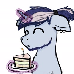 Size: 2048x2048 | Tagged: safe, artist:tetsergs, oc, oc only, oc:bronyast, pony, unicorn, ^^, cake, candle, eyes closed, food, high res, simple background, sketch, solo, white background