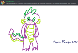 Size: 1024x700 | Tagged: safe, artist:moon flower, editor:pony-berserker, spike, oc, oc:berzie, changedling, changeling, dragon, anthro, g4, 1000 hours in ms paint, 2018, arthropod, bust, claws, clothes, dialogue, digital art, duo, english, equine, front view, green skin, hat, helmet, horn, lineart, male, male focus, ms paint, open mouth, pointy tail, portrait, profile picture, purple skin, request art, shitposting, signature, simple background, skin, smiling, solo focus, spikes, standing, tail, text, three-quarter view, tongue out, white background