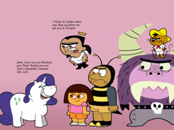 Size: 2272x1704 | Tagged: safe, artist:cookie-lovey, rarity, fairy, human, mouse, pony, unicorn, .mov, dress.mov, g4, 2012, animal costume, bee costume, bumblebee man, child, clenched fist, clothes, costume, dialogue, dora márquez, dora the explorer, edwardo, eyes closed, female, foster's home for imaginary friends, frown, greedity, juandissimo magnifico, looney tunes, male, mare, monster, open mouth, open smile, pink background, racism, simple background, smiling, speedy gonzales, style emulation, text, the fairly oddparents, the simpsons