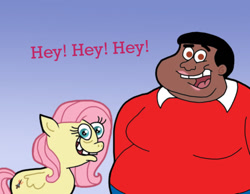 Size: 1016x787 | Tagged: safe, artist:cookie-lovey, fluttershy, human, pegasus, pony, .mov, g4, 2012, blue background, crossover, duo, duo male and female, fat albert and the cosby kids, female, fluttershed, looking at you, male, mare, open mouth, open smile, simple background, smiling, smiling at you, style emulation, talking, teeth, text, the fairly oddparents