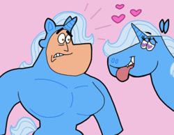 Size: 1016x787 | Tagged: safe, artist:cookie-lovey, trixie, human, pony, unicorn, g4, 2012, concerned, crossover, disguise, duo, duo male and female, female, floating heart, frown, heart, heart eyes, major man, male, mare, muscles, muscular male, offscreen character, open mouth, open smile, pink background, simple background, smiling, style emulation, the fairly oddparents, the powerpuff girls, tongue out, wingding eyes