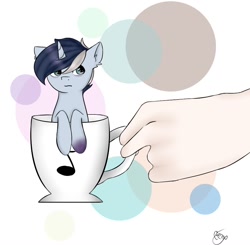 Size: 966x948 | Tagged: safe, artist:ponytea, oc, oc only, oc:bronyast, pony, unicorn, cup, cup of pony, hand, micro, mug, solo