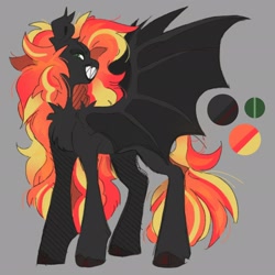 Size: 2048x2048 | Tagged: safe, artist:dejji_vuu, oc, oc only, oc:remedy rose, bat pony, pony, cloven hooves, gray background, high res, reference sheet, sharp teeth, simple background, solo, teeth