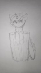 Size: 756x1344 | Tagged: safe, artist:ponytea, oc, oc only, oc:bronyast, pony, unicorn, monochrome, pencil drawing, sketch, solo, traditional art, trash can