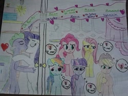 Size: 720x540 | Tagged: safe, artist:justaviewer94, applejack, fluttershy, pinkie pie, rainbow dash, rarity, spike, twilight sparkle, dragon, pony, unicorn, g4, female, horn, kiss on the lips, kissing, male, mane six, mare, ship:sparity, shipping, straight