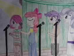 Size: 960x720 | Tagged: safe, artist:justaviewer, apple bloom, babs seed, scootaloo, sweetie belle, human, g4, cutie mark crusaders, humanized, singing