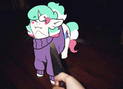 Size: 604x438 | Tagged: safe, artist:h0rsefeathers, oc, oc only, pony, unicorn, irl, knife, meme, photo, solo