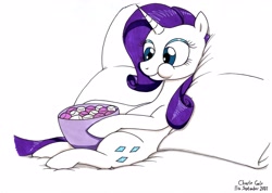 Size: 3482x2478 | Tagged: safe, artist:killerteddybear94, rarity, pony, unicorn, g4, bed, bowl, cute, eating, female, food, high res, marshmallow, puffy cheeks, raribetes, smiling, solo, traditional art